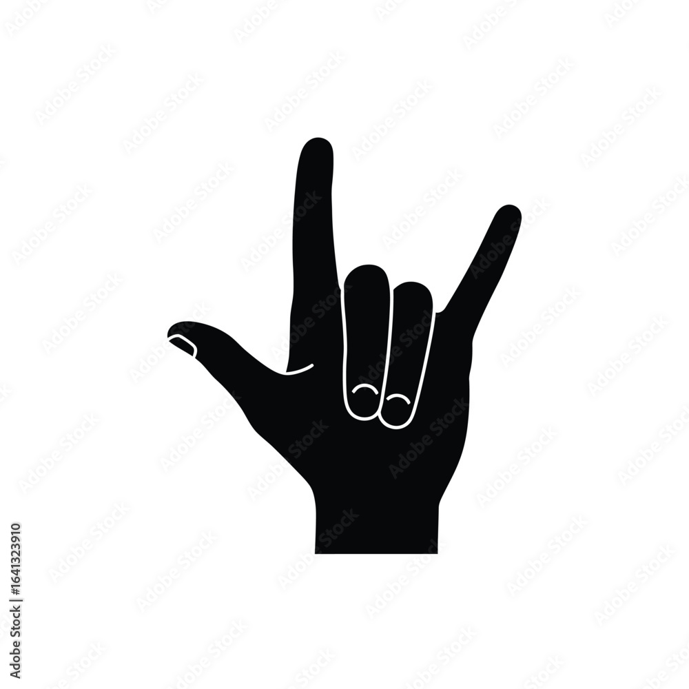 Fototapeta premium Silhouette of a hand with fingers pointing forward in the rock on sign, isolated on white background