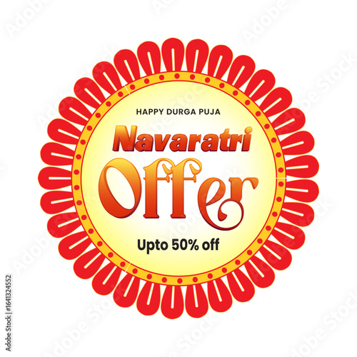 Durga Puja festival sale sticker featuring vibrant colors, festive typography, and ornamental design elements. Ideal for seasonal marketing, retail packaging, social media promotions, and print.