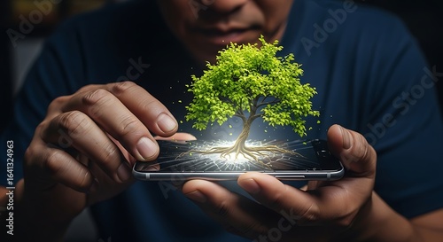 Man holding a mobile phone with a digital tree, symbolizing green technology and sustainability.