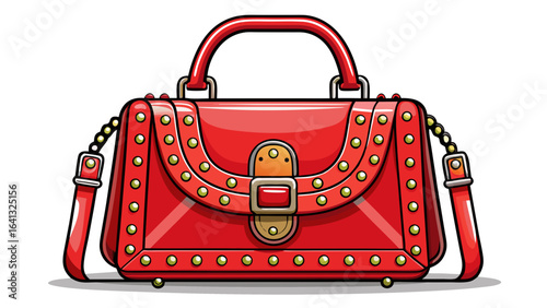 small red women's handbag, decorated with metal rivets, frontal arrangement, on a white background