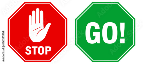 Red stop sign with hand gesture and green go sign icon from TEE.ai, representing decision, permission, and rules.