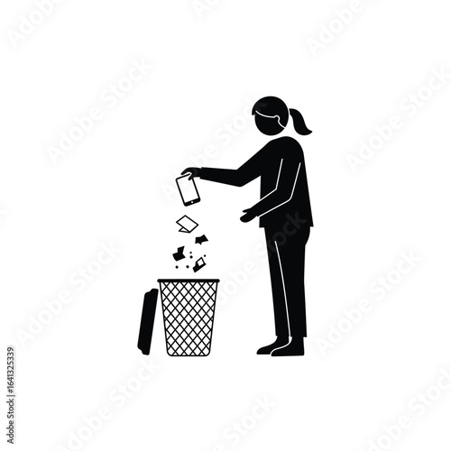 Woman throwing crumpled paper into a trash bin, isolated on white background