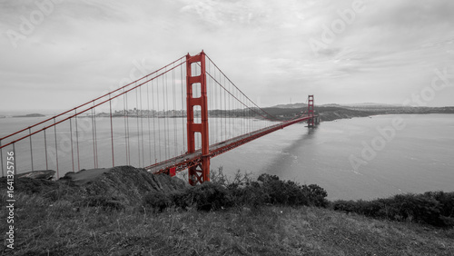 black and white photo of the golden gate marked in red