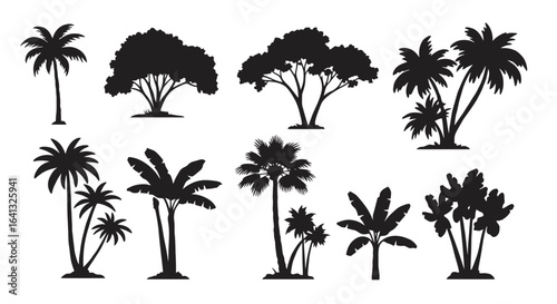 Diverse silhouettes of trees isolated on white background for design elements