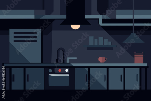 dark urban kitchen with exposed ductwork
