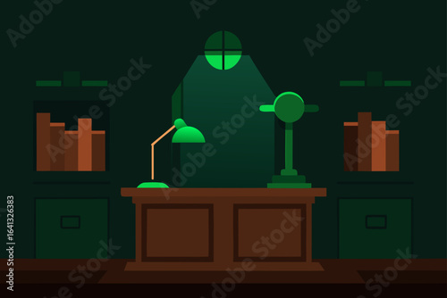 dark wood paneled study with green bankers lamp