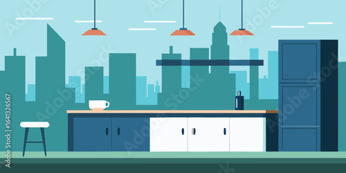 High Rise Apartment Kitchen with Island and Panoramic Views