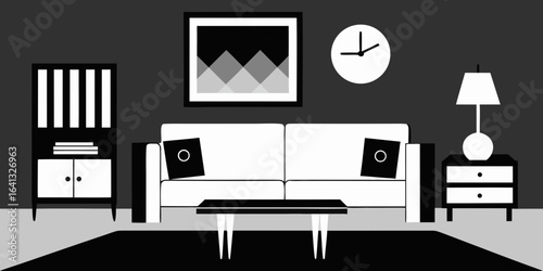 modern black white living room sharp contrast