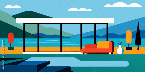 modern lakeside villa living room panoramic windows
