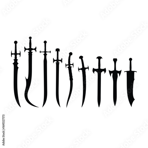 Collection of black sword silhouettes on white background 5