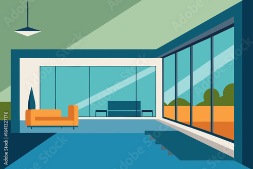 modern open plan living space glass wall balcony