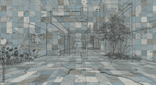 Artistic perspective view of a tile-patterned outdoor courtyard with trees and plants