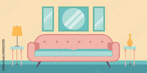 retro glam living room mirrored wall pastel decor