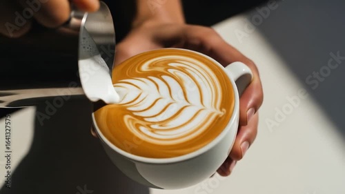 Barista Creating Latte Art in a Coffee Cup.