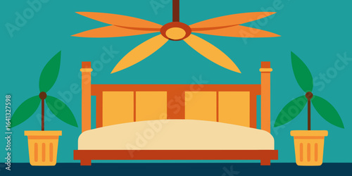 tropical bedroom with bamboo headboard and ceiling fan