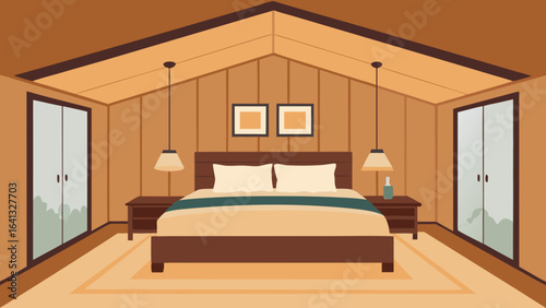 warm neutral bedroom with wooden ceiling panels