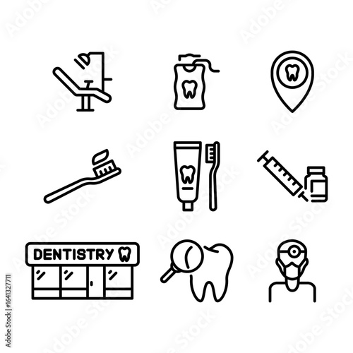 Collection of 9 dentistry tools line style icons – toothbrush, toothpaste, dental floss, mouthwash, dental location. Perfect for web design, apps, infographics, presentations, and oral care branding