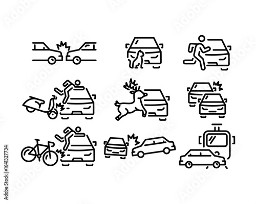 Collection of 9 car accident line style icons – crash, collision, deer hit, traffic incident, breakdown, road hazard, insurance. Perfect for web design, apps, infographics, warning signs, and transpor