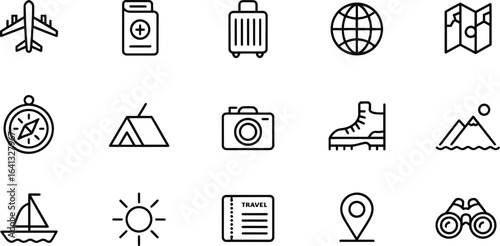Minimalist Travel Outline Icon Set – Pixel Perfect Thin Stroke Black Line Vector Icons of Transportation, Adventure, and Vacation Symbols on White Background