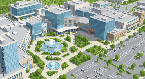 Modern corporate office park illustration with fountain and parking spaces in a business district