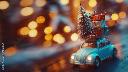 Fototapeta Naklejka Na Ścianę i Meble -  Vintage car with Christmas tree and presents driving through city lights