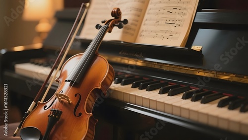 Violin Resting on Piano with Sheet Music
