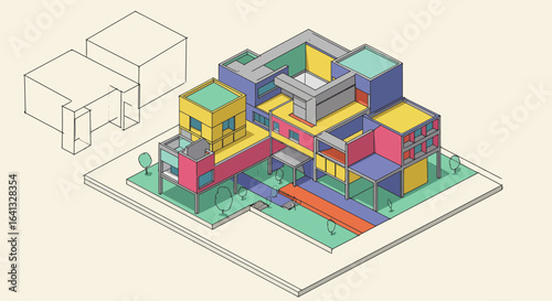 Isometric architectural visualization of a modern colorful building design concept