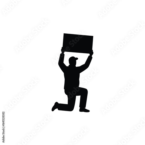 Silhouette of a man kneeling and holding a blank sign, isolated on white background, symbolizing a moment of reflection or a call for change