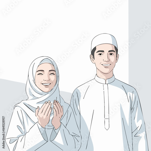 Vector Art of Two Young Muslim People Smiling and Making a Gesture of Prayer on a Neutral Background for Cultural Awareness, Blogs, Education, and Social Media Content  