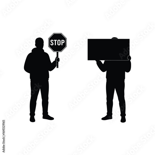 Silhouette of a person holding a stop sign and another person holding a blank sign, isolated on white background, symbolizing protest or demonstration