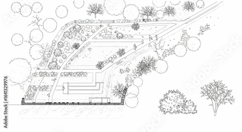 Detailed aerial sketch of a landscaped park with trees, paths, and water features