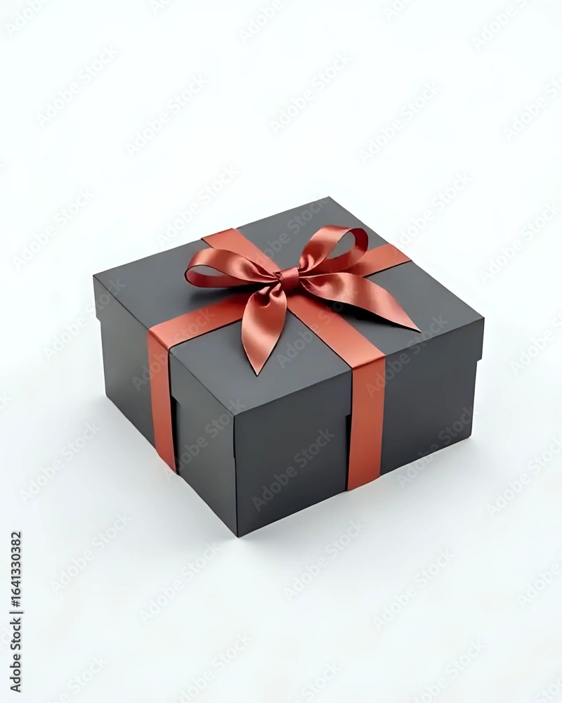 Obraz premium Elegant Black Gift Box with Shiny Red Ribbon Bow Isolated on White Background 