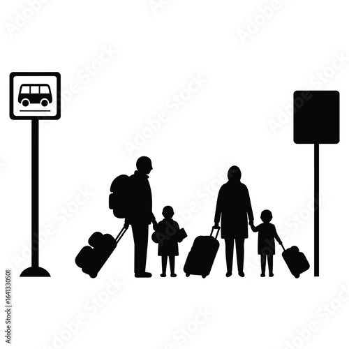 Family with luggage waiting at a bus stop, isolated on white background
