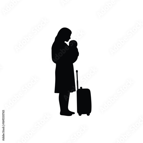 Mother holding baby with suitcase, isolated on white background