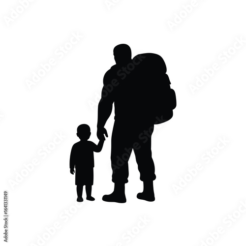 Silhouette of a soldier holding a childs hand with a backpack, isolated on white background