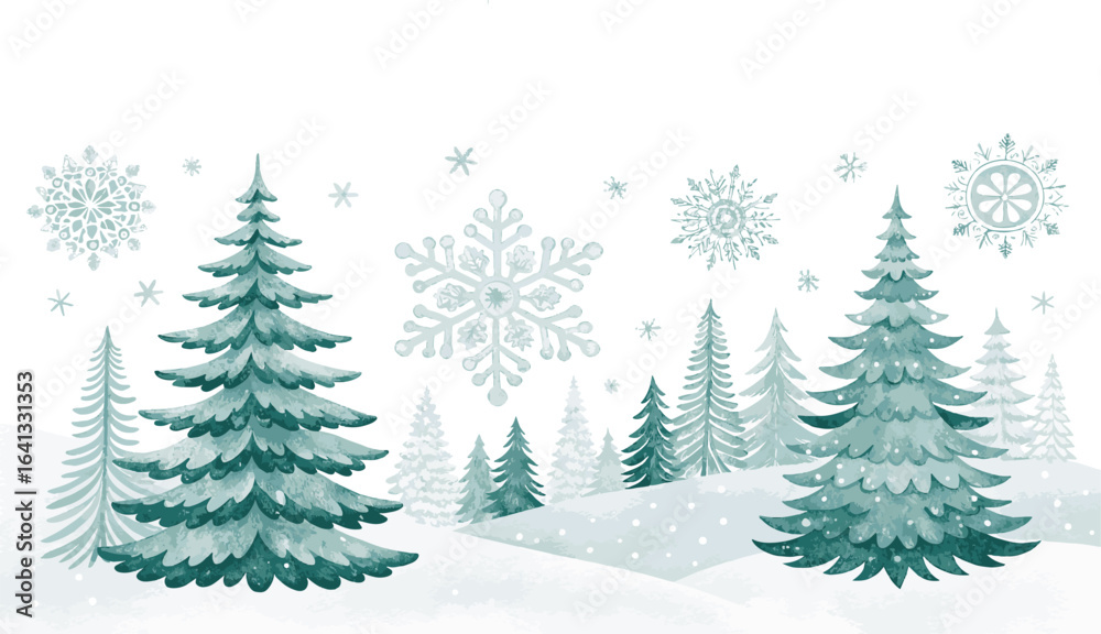 Obraz premium Watercolor winter forest scene with snow covered pine trees and snowflakes vector