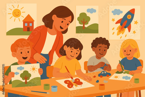 Flat illustration of art lesson in elementary school with teacher and children doing creative work