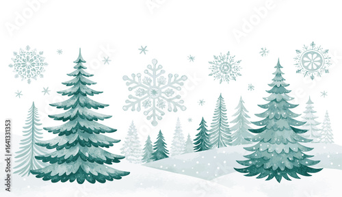 Watercolor winter forest scene with snow covered pine trees and snowflakes vector