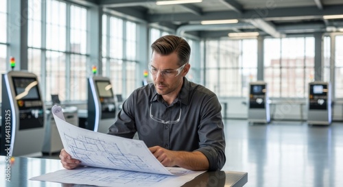 Focused Engineer Analyzing Architectural Blueprints in a Modern Factory Hall