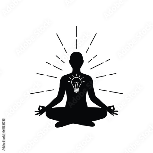 Silhouette of a person meditating in a lotus position with a glowing light bulb inside their chest, symbolizing inner peace and enlightened ideas, isolated on white background