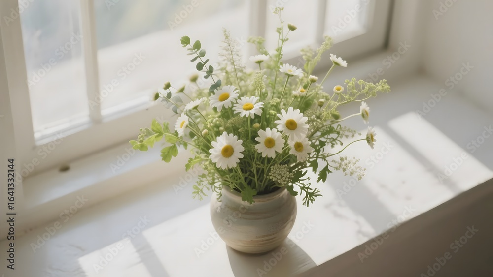 Fototapeta premium A vase filled with white daisies and greenery placed on a windowsill, bathed in natural light.