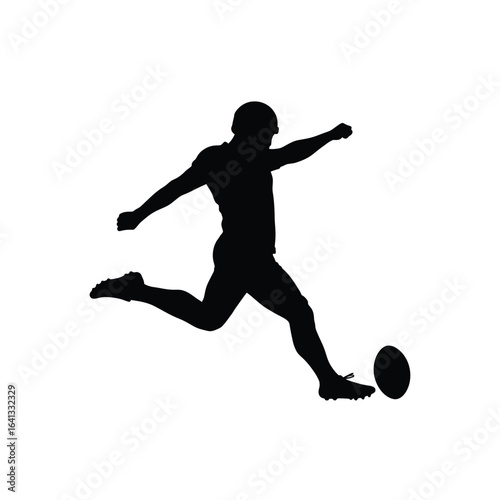 Silhouette of a football player kicking the ball, isolated on white background