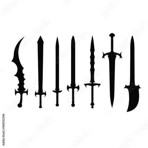 Collection of seven black sword silhouettes on white background 1