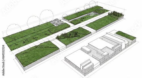 Conceptual Landscape Architecture Visualization Featuring Green Spaces and Stone Elements