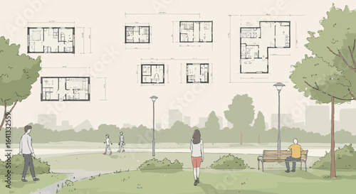 Conceptual architectural design showcasing harmonious living and urban planning sketch