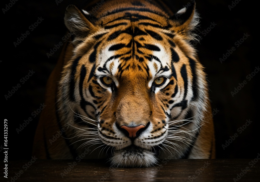 Fototapeta premium Intense Tiger Gaze: Striking Portrait with Golden Eyes and Bold Stripes on Black Background