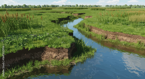Scenic waterway through a vibrant green meadow under a clear blue sky
