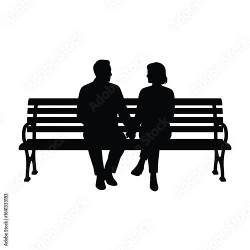 Silhouette of a couple sitting together on a park bench, isolated on white background