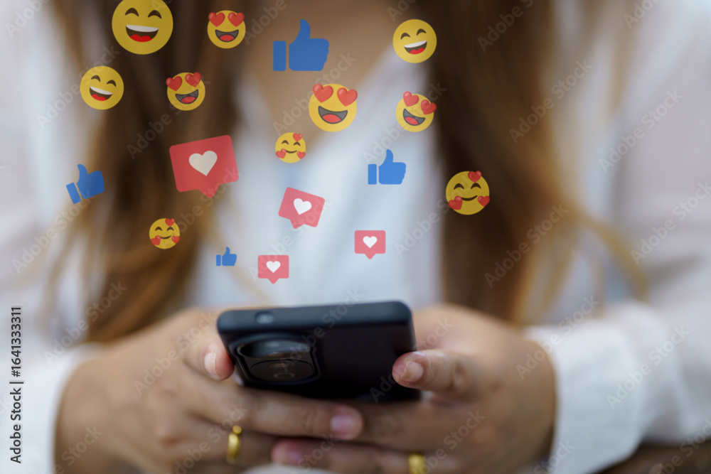 Woman using a smartphone with floating social media notification. Concept of digital communication, online interaction, and social engagement Woman using a smartphone with floating social media notification. Concept of digital communication, online interaction, and social engagement