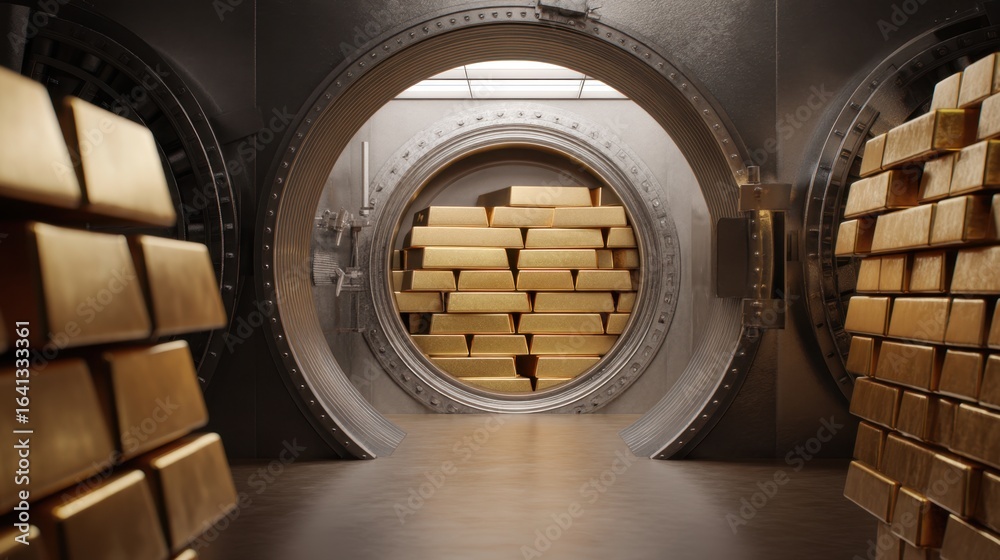 Fototapeta premium Large open bank vault filled with gold bars for financial security and wealth. Concept of treasure, investment protection, and valuable assets.